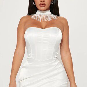 NEW White Mini Dress Satin Beaded Fringe Neck Choker size s NWT Luxe Collection
